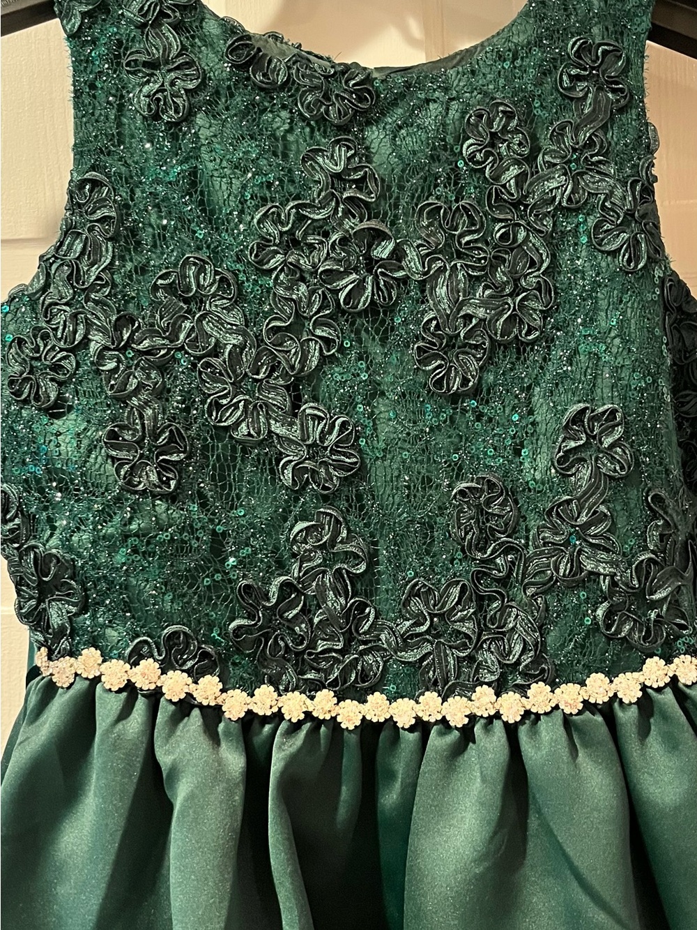 š-Rare Editions Hunter Green Lace Bodice Hi-Lo Dress. Size: 12 - Picture 3 of 6